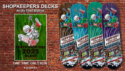 DELUXE SUPPORT YOUR LOCAL SKATE SHOP 2025 SHOPKEEPER BROWN 8.25" SKATEBOARD DECK